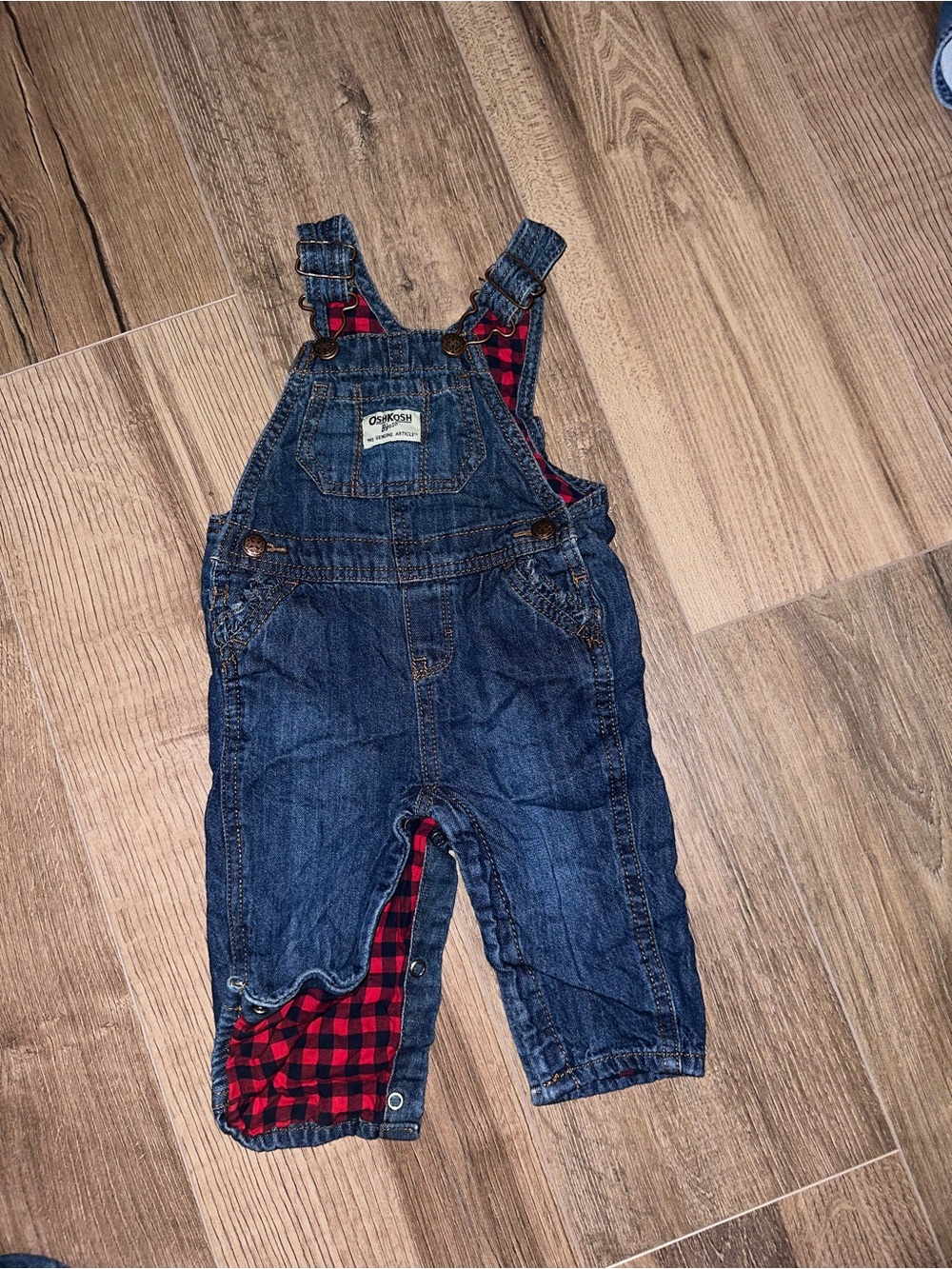 OshKosh B'gosh Dark Blue Denim Overalls with Red Plaid Lining